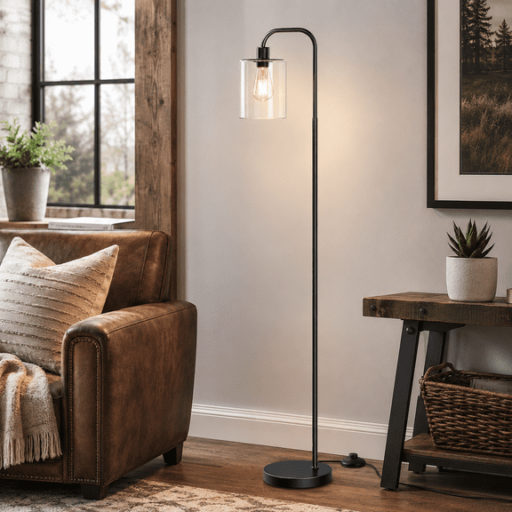 SUNICOL Industrial Floor Lamp with Clear Glass Shade, Modern Black Standing Lamp with LED Edison Bulb, 65" Tall Pole Lamp with Heavy Sturdy Base & Foot Switch for Living Room Bedroom Office Corner
