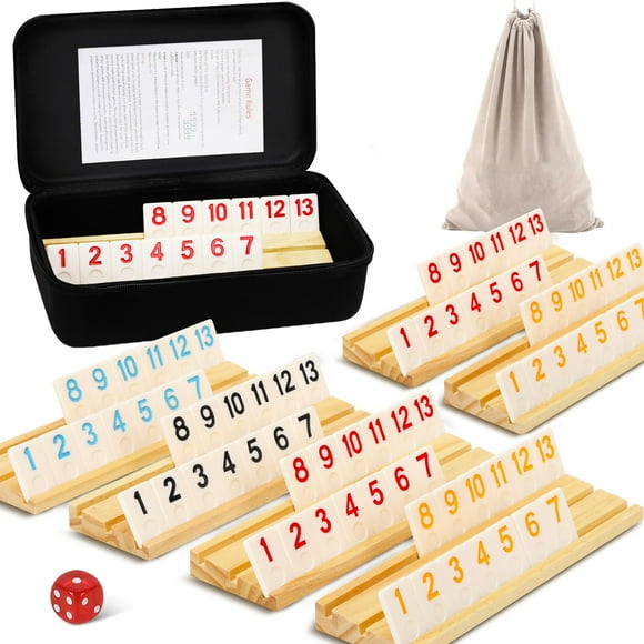 Soopotay Upgraded 6 Players Rummy Game with 6 Wooden Racks, 160 Melamine Tiles, Drawstring Bag, Premium Portable Case, Tile Board Games for Adults, Birthday Gifts for Women Men