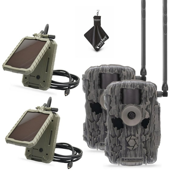 Stealth Cam Fusion X-Pro 2 Pack Dual Sim 36 MP Photo & 720P HD Video 0.4 Sec Trigger Speed Wireless Hunting Trail Camera - Available on AT&T & Verizon   Solar Panels and Cleaning Cloth