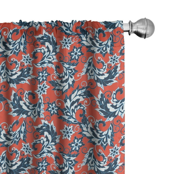 Vintage Curtains 2 Panels Set, Floral Pattern with Ornate Foliage and Blossoms Design, Window Drapes for Living Room Bedroom, 56"W X 95"L, Night Blue Vermilion, by Ambesonne