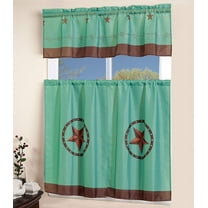 MarCielo 3 Piece Printed Western Texas Star Kitchen/Cafe Curtain With Swag and Tier Window Curtain Set, Teal