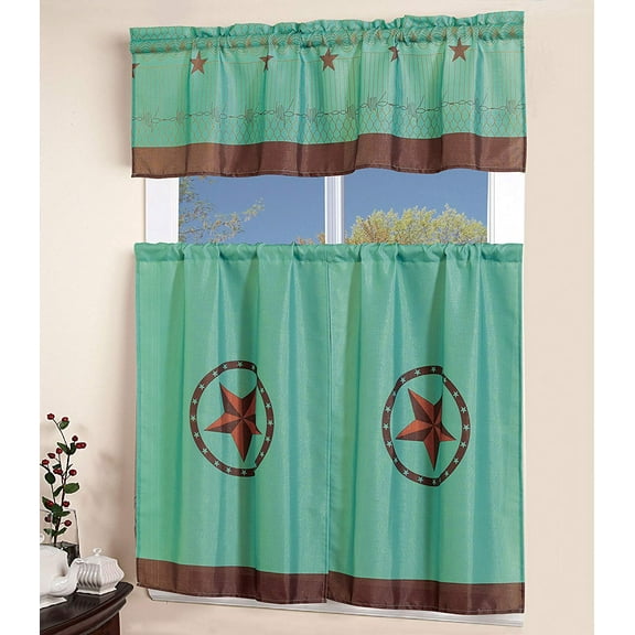 MarCielo 3 Piece Printed Western Texas Star Kitchen/Cafe Curtain With Swag and Tier Window Curtain Set, Teal