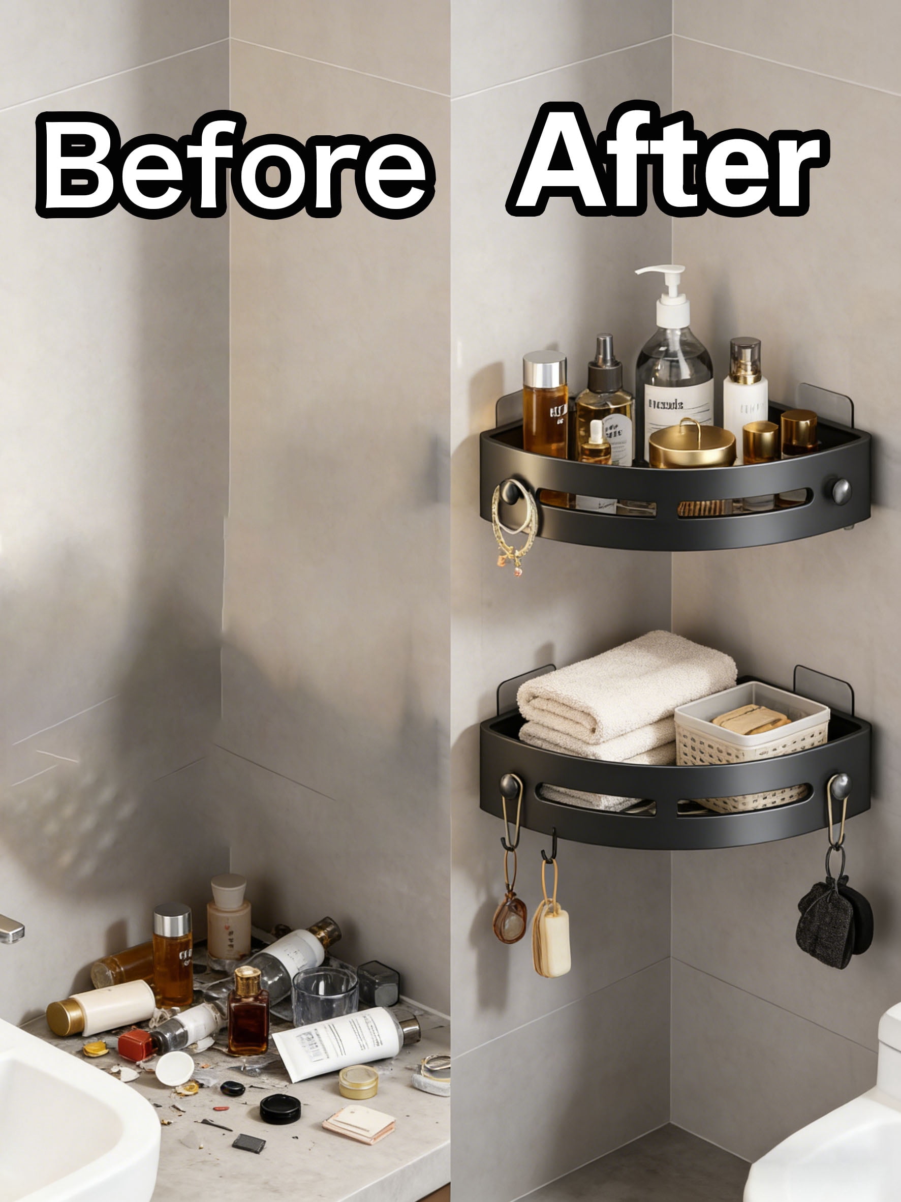 2-Tier Corner Shower Shelf, No Drilling Adhesive or Screw Mount, Heavy Duty Bathroom Corner Shelf Organizer with 24lbs Capacity, No Hooks, Space Saving Quick-Dry PP Shower Caddy for Bath Tub - Black