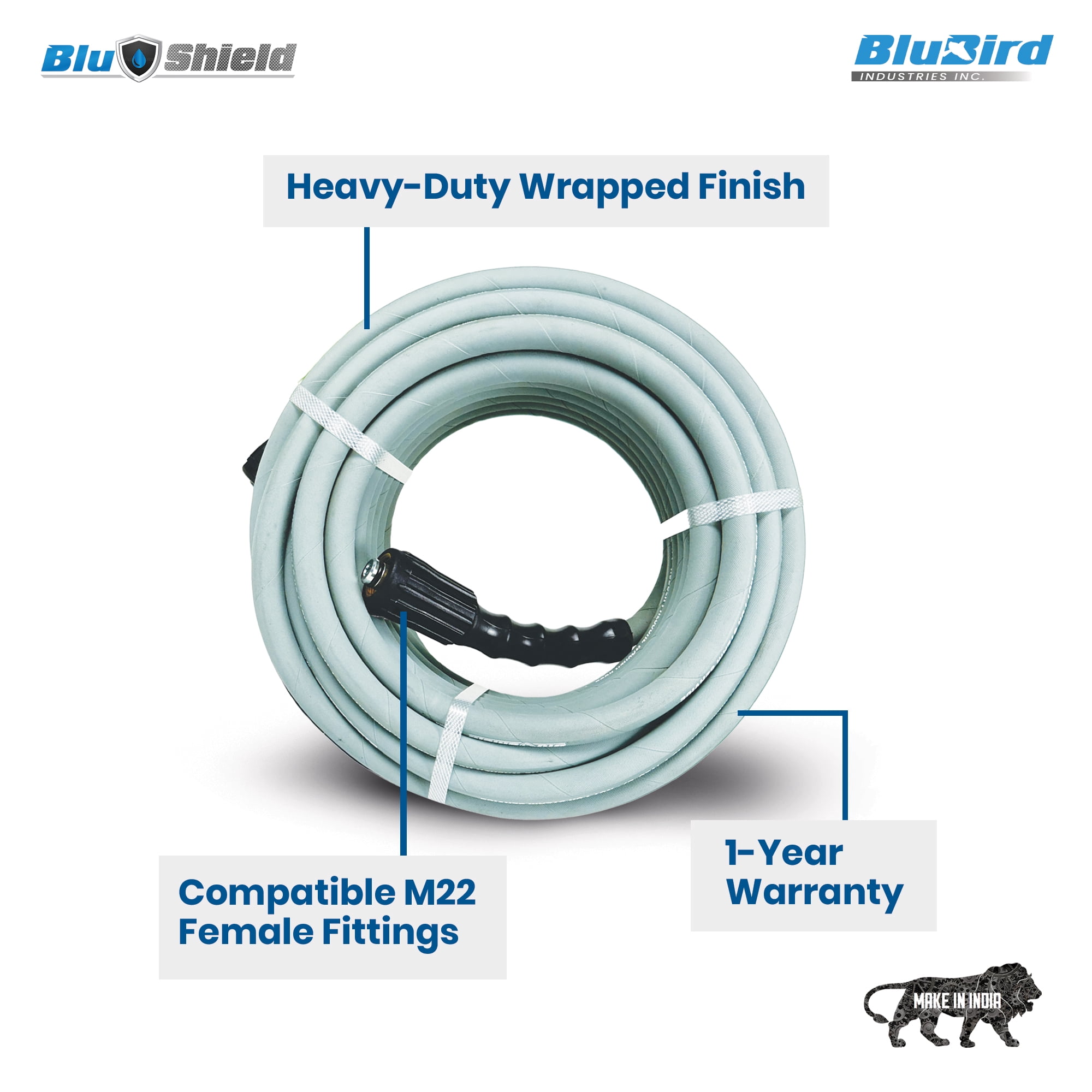 BluShield 1/4" x 50' Polyester Braided Rubber Pressure Washer Hose, 3100 Psi, Handle 250°F Hot Water, Heavy Duty, 35% Lighter, Flexible (1/4" x 50' M22 Non Marking)