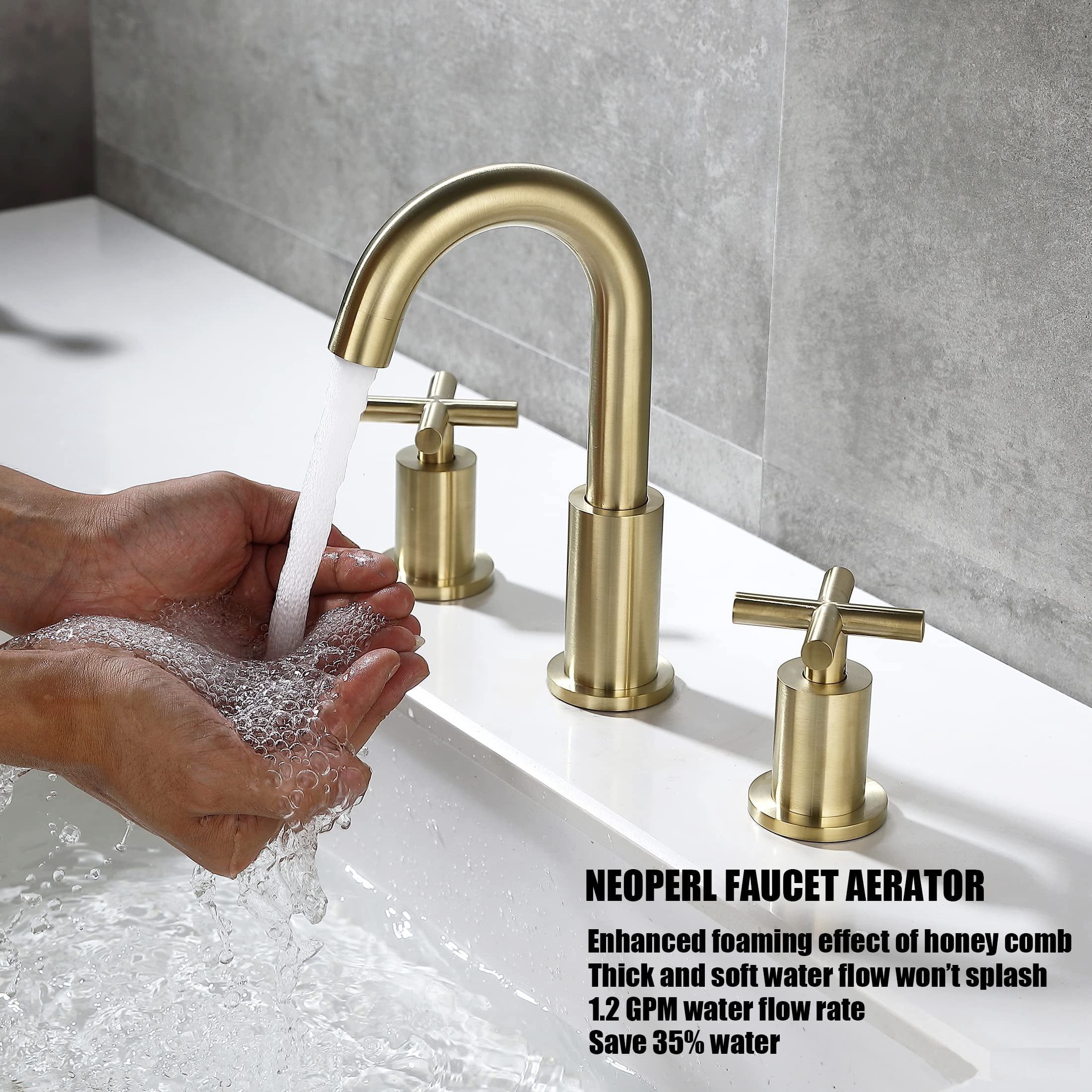 Adorer 8 Inches Widespread Bathroom Faucet, 3 Hole Brushed Gold Bathroom Sink Faucet with Pop-up Drain - 32133BG