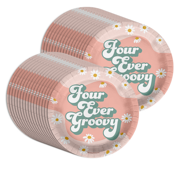 Four Ever Groovy Birthday Party Supplies 4th Birthday Party Plates - Large 9" Plates In Bulk 32 Piece