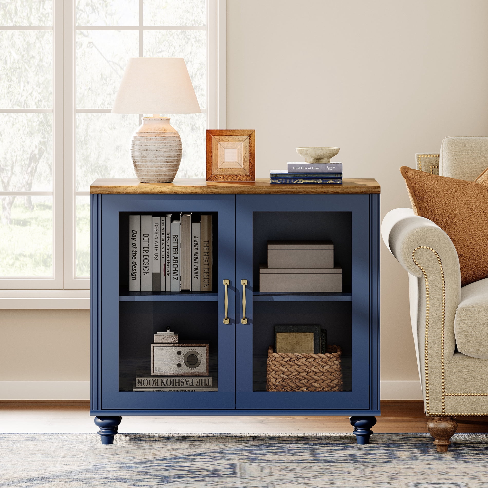 End Table with Glass Doors, Nightstand with Ample Storage, Side Table with for Bedroom, Navy Blue, 2PCS