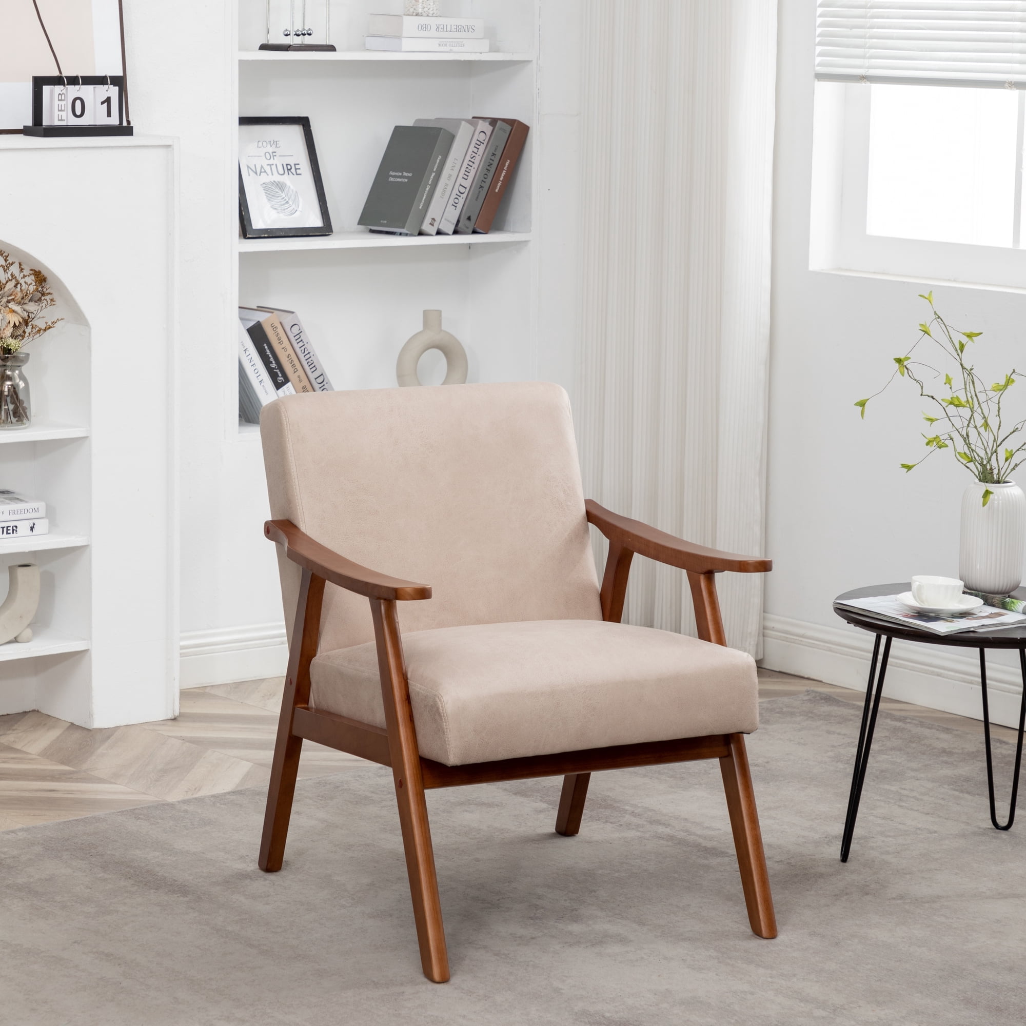 Mintazer Mid-Century Modern Microfiber Leather Accent Chair Armchair for Living Room Bedroom Light Camel