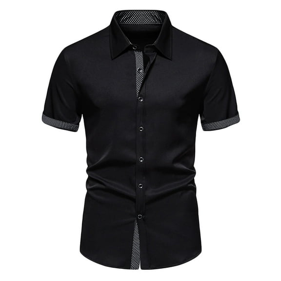 WREESH Men's Casual Button Down Shirts with Spliced Sleeve Turn Down Collar, Color Matching Short Sleeve Cardigan Black