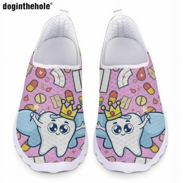 Zapatos de enfermera informales para mujer de Doginthehole, zapatos planos con estampado de dientes de dibujos animados bonitos a la moda, zapatos de malla ligeros y transpirables sin cordones