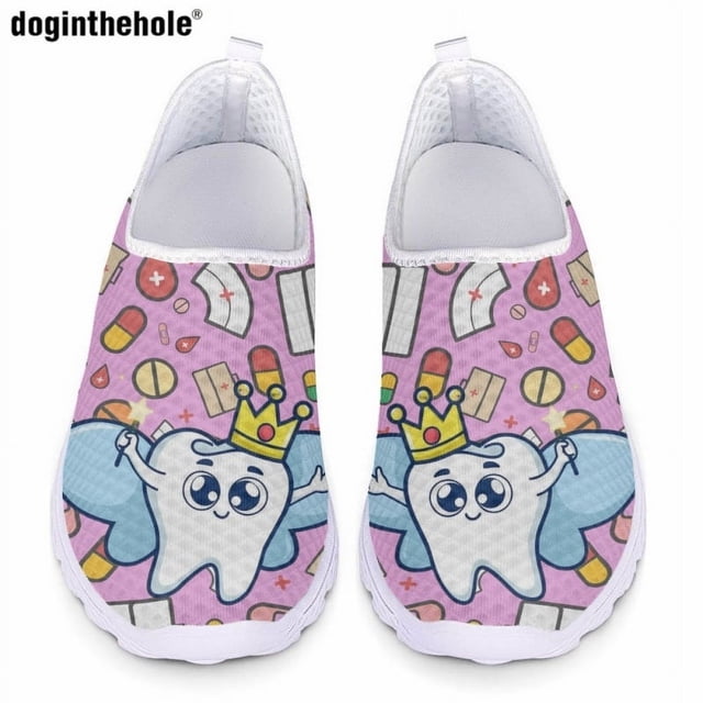 Zapatos de enfermera informales para mujer de Doginthehole, zapatos planos con estampado de dientes de dibujos animados bonitos a la moda, zapatos de malla ligeros y transpirables sin cordones