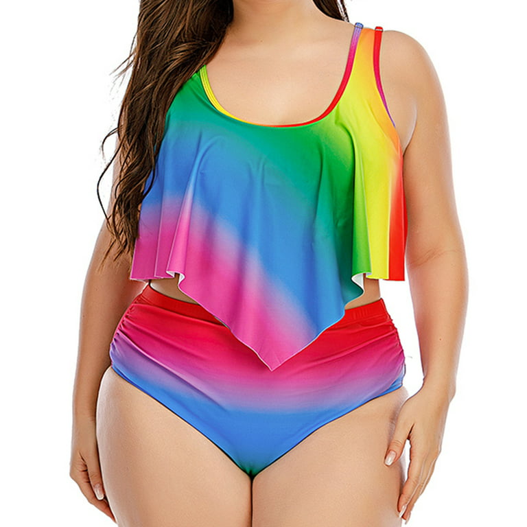 Plus Size Swimsuits for Women Tummy Control Beachwear Ruffle Patchwork Boat  Neck Tankini Neon Print Swimwear Two Piece Bathing Suit