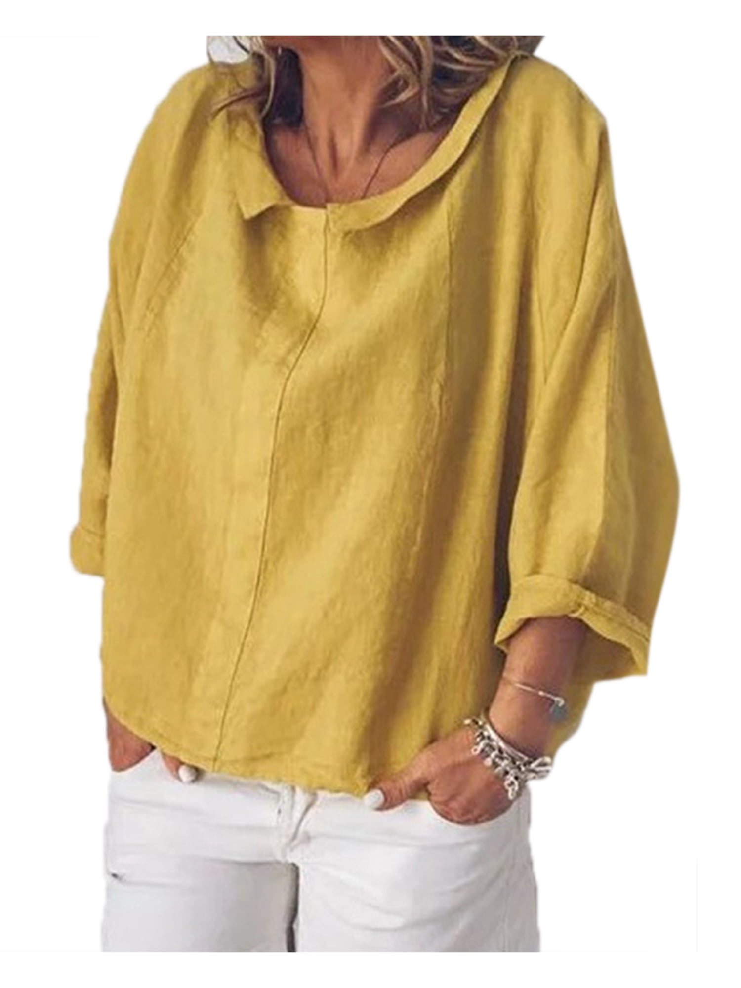 Wodstyle - Womens Linen 3/4 Sleeve Baggy Plus Size T-Shirts - Walmart ...