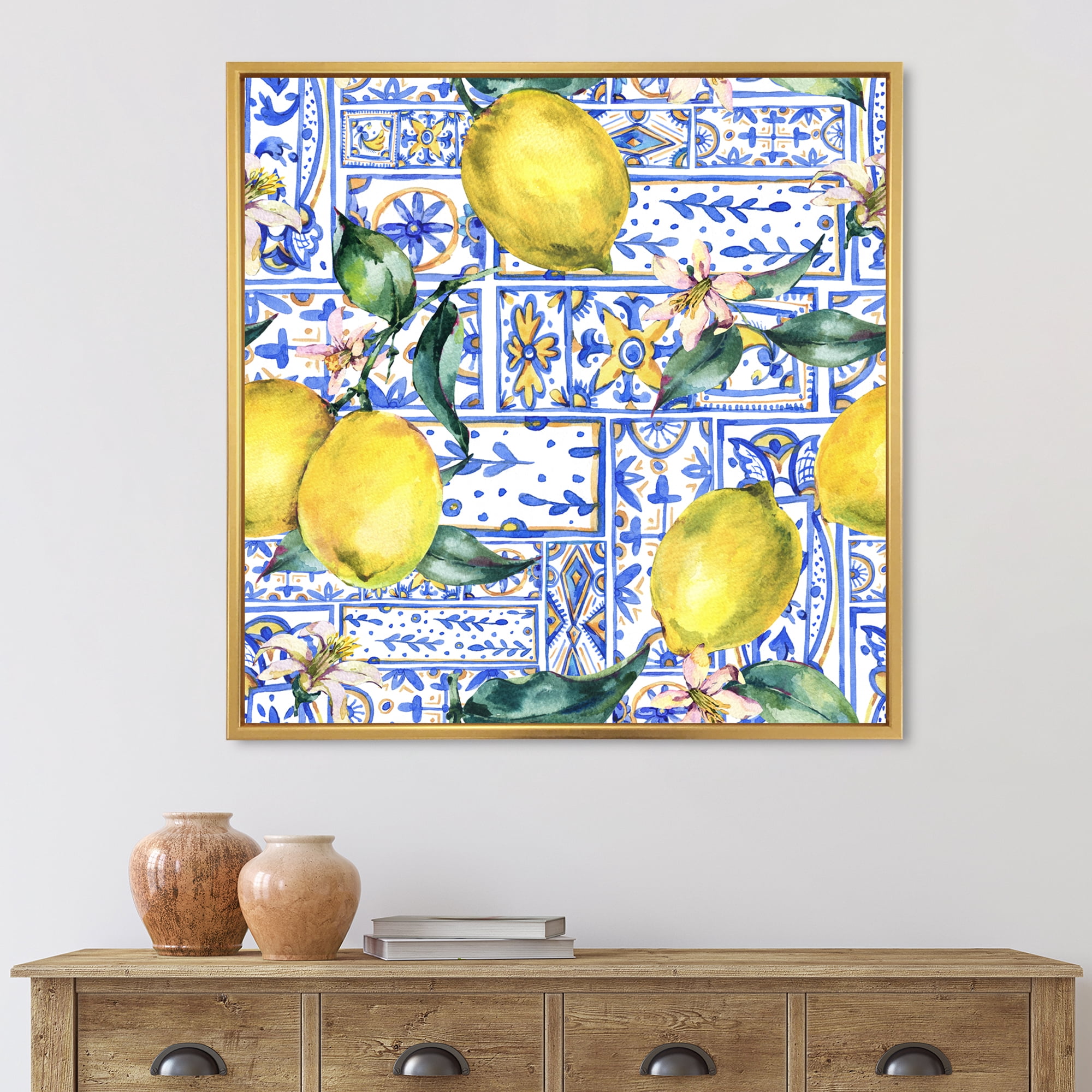Designart 'Geometrical Pattern of Lemon Ornament On Blue I' Tropical Framed Canvas Wall Art Print
