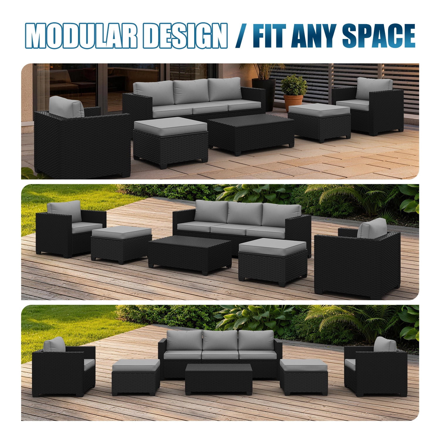 Sunmthink 8 Piece Patio Furniture Set, Rattan Wicker Patio Conversation Set Outdoor Furniture, Light Gray