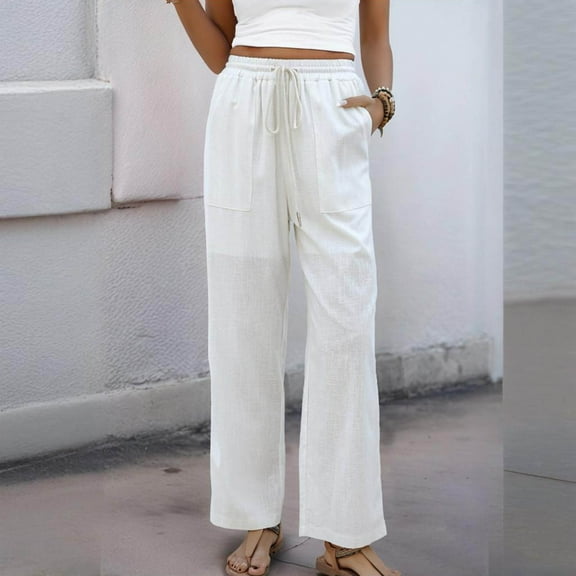 Women's Pants Under $8 Pants Casual Solid Color Drawstring Elastic Waist Long Straigh Pants With Pockets White,XL