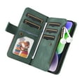 thumbnail image 4 of Multifunctional Case for iPhone 15,[RFID Blocking] 9 Credit Cards Holder with Wrist Strap, Premium PU Leather Zipper Wallet Purse Magnetic Flip Phone Cover For iPhone 15, Green, 4 of 12