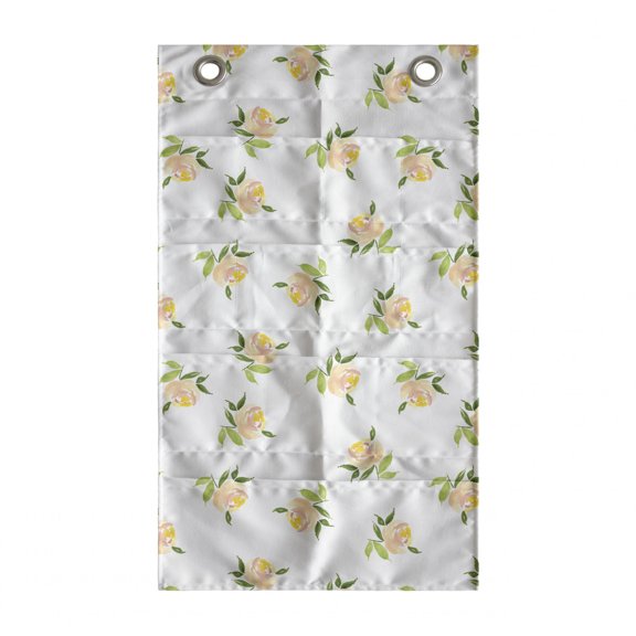 Floral Hanging Pocket Organizer, Soft Toned Rose Bouquets Bridal Branches Shabby Beauty Wedding Petals, Printed Polyester Storage Bag with Pockets, 21" x 31", Peach Yellow Olive Green