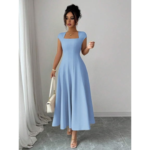 Blue Womens Square Neck Cinched Waist A-Line Midi Dress For Spring Summer Casual Vacation