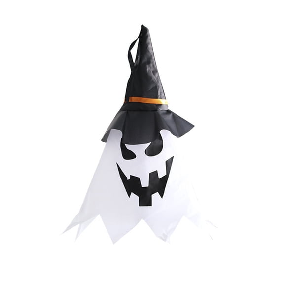 18" Light Up Halloween Hanging Ghost with Witch Hat, Glowing Ghost Outdoor Decor for Wall Porch Yard Garden