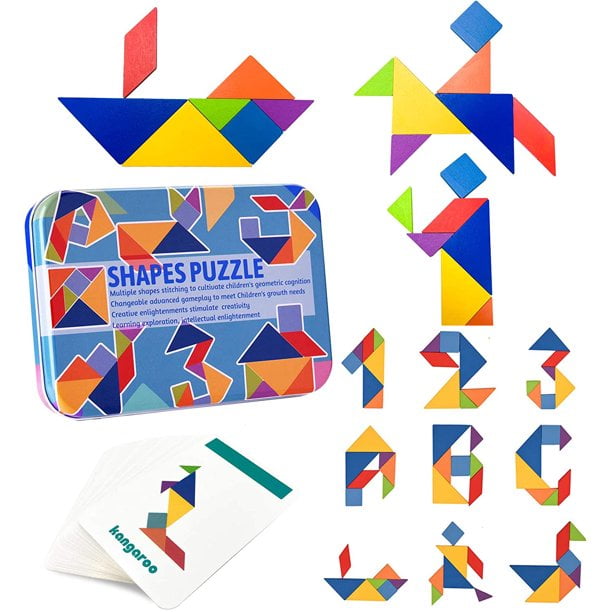 Colorful Educational Geometric Wooden Pattern Block Jigsaw Puzzle Tangram Kids 