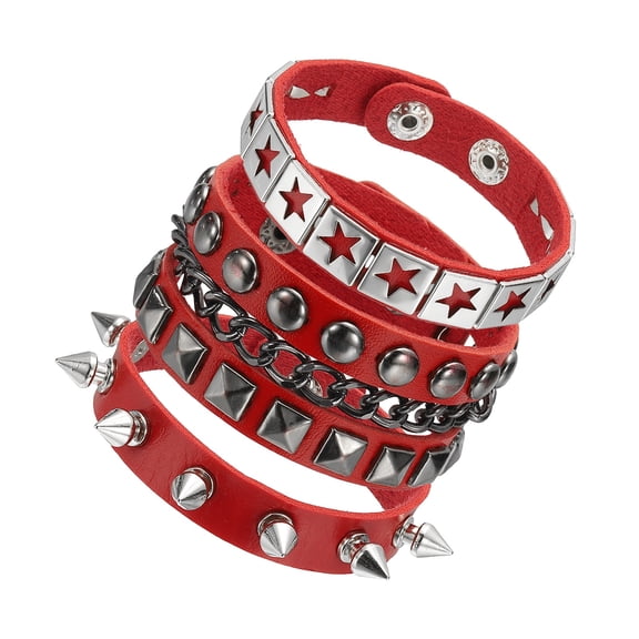 Uxcell 3Pcs Rock Punk Studded Leather Bracelet Set, 8.7"/22cm Goth Spiked Cuff Wristband Adjustable Bracelets for Emo Grunge Accessories Halloween Party Favors, Red