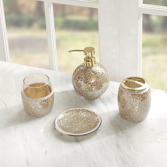 4-Piece Bath Accessory Set, Yellow Gold Crackle Glass Mosaic, Includes Soap Dispenser, Toothbrush Holder, Tumbler, and Ring Dish, Bathroom Counter Organizer