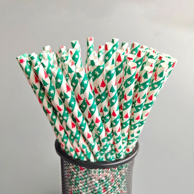 Pajitas de papel de Navidad de 25 piezas, pajitas de copo de nieve para beber, decoraciones navideñas para el hogar, Feliz Año Nuevo, suministro para fiesta de Noel 2022