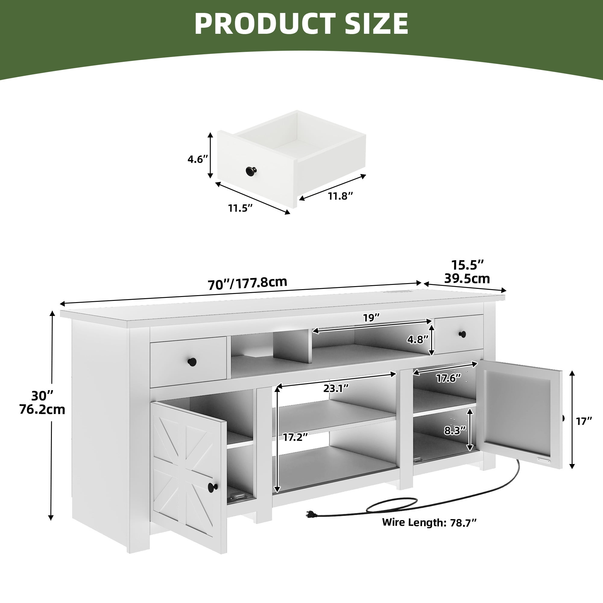 Uforic 70 Inch TV Stand for 75/80 Inch TV with 2 Drawers, 4 Open Compartments & Built-In Power Outlet, Floor Mount Wooden TV Console, White