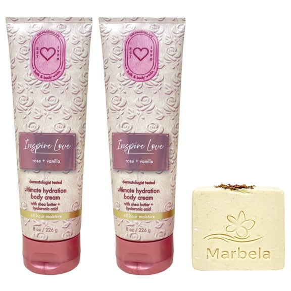 Bath & Body Works Aromatherapy Inspire Love Rose Vanilla 2 Ultimate Hydration Body Creams with a Creamy Rose Bar Soap