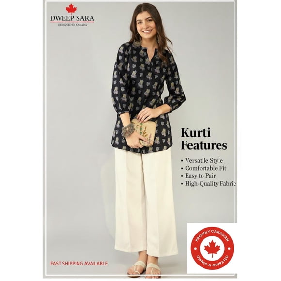 DWEEP SARA Women’s Navy Blue Cotton Blend Ethnic Motifs Printed Short Kurti / Tunic, L-40
