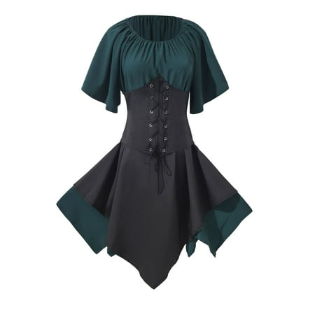 

MENRKOO Dresses for Women 2022 Women Renaissance Medieval Costumes Gothic Retro Long Sleeve Corset Dresses Short Sleeve Drawstring Waist Round-Neck Mid-Calf Dress Green XXXXL-