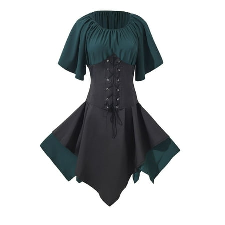 

COFEST Women s Gothic Retro Mid-Calf Corset Dress Clearance Summer Drama Color Contrast Dress Trendy Vintage Clothes 2023 Round Neck Shirts Ruffle Sleeve Green XXXXL