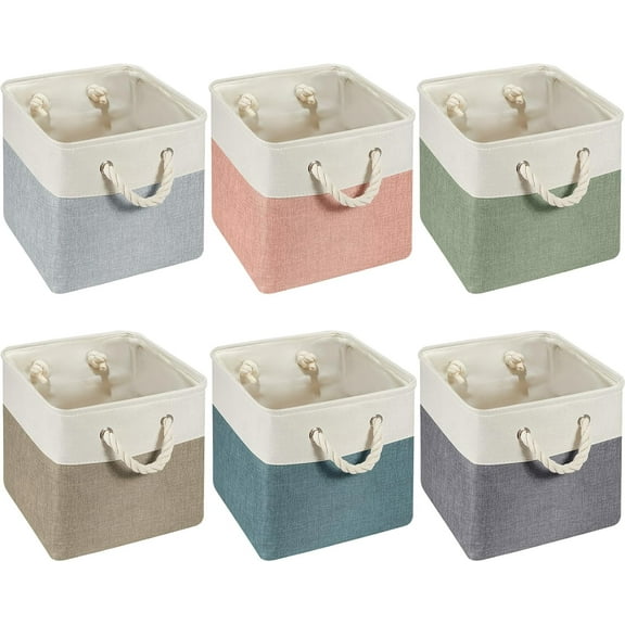 6 Pcs 11 x 11 Inch Cube Storage Bins Fabric Storage Organizer Bins Foldable Cube Baskets with Sturdy Carry Handles Wicker Baskets for Home (Morandi Colors)