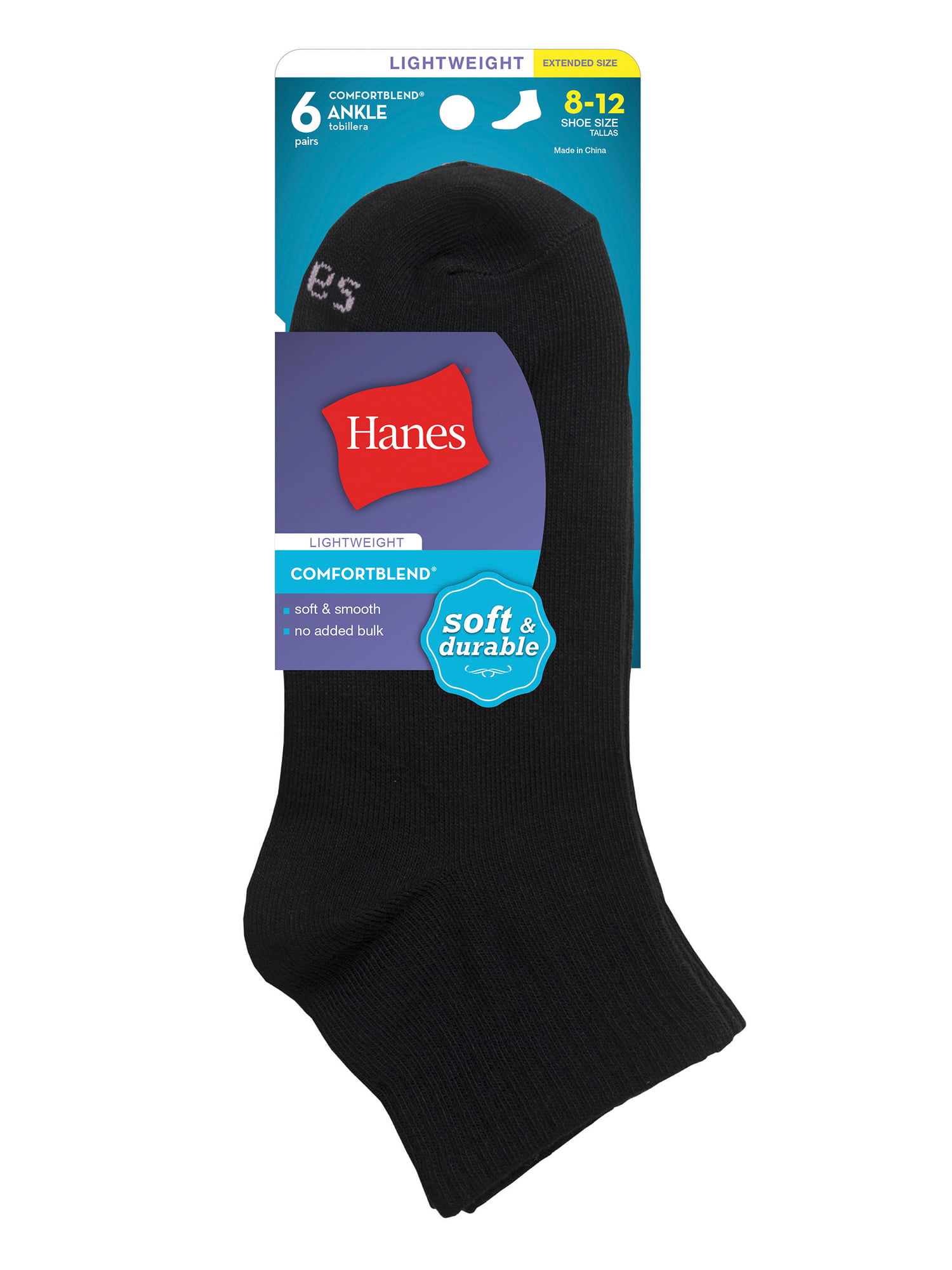 Hanes Women's Ankle ComfortBlend Socks 6 Pairs Extended Shoe Size 8-12