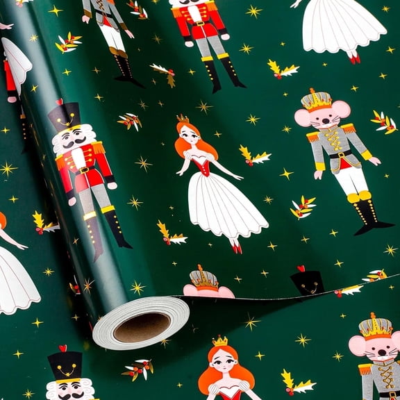 HOMERAL Christmas Wrapping Paper Roll - Green Gift Wrap with Nutcracker Mouse, Dancing Girl, Candy Cane, Dahlia - Perfect for Christmas - 17 Inch X 33 Feet