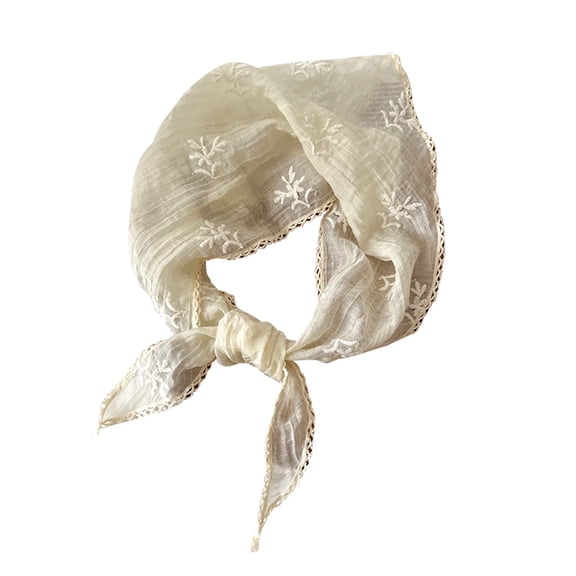 TELOLY Womens Cotton Linen Scarf Trendy Lightweight Lace Splice Square Bandanas Casual Embroidery Hair Wraps Decoration Neck Scarves