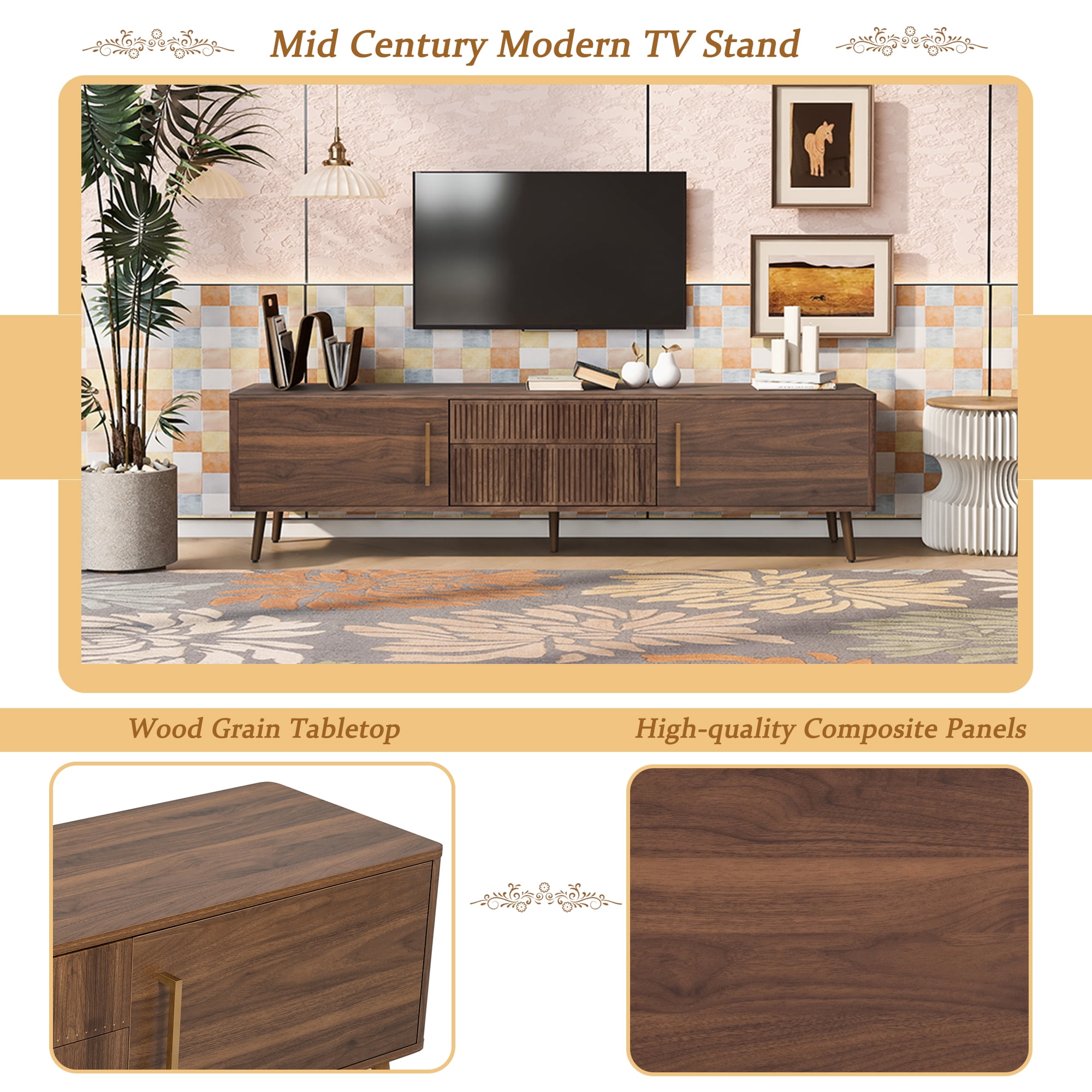 Homy Casa 70.8" Walnut TV Stand for TVs up to 75" with 2 Drawers Cabinets and Cable Management