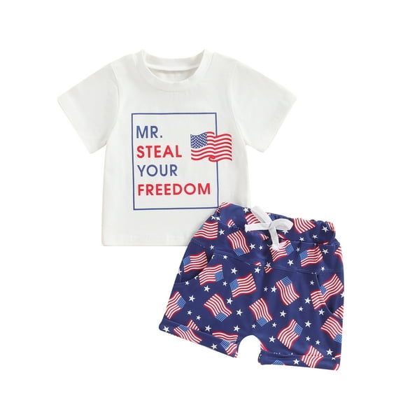 Aojekbee 4th of July Toddler Boys Outfits Letter Print Round Neck Short Sleeve T-Shirts Tops and Flag Print Shorts 2Pcs Clothes Set