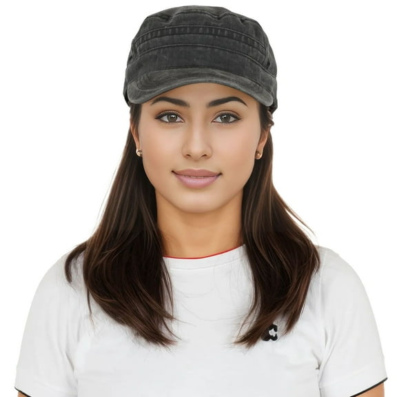 Unisex Cotton Basic Cadet Hats Vintage Washed Flat Top Cap with Adjustable Strap- Black