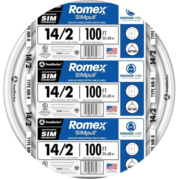 Southwire 100' 14/2 w ground Romex brand SIMpull residential indoor electrical wire type NM-B 28827423, White