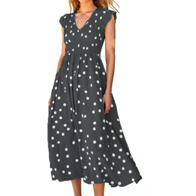 SMihono Robe Maxi Bohème d'Été pour Femmes Grande Taille Mode Femmes Décontractée à Pois Col en V Sans Manches Ceinture Longue Robe de Plage