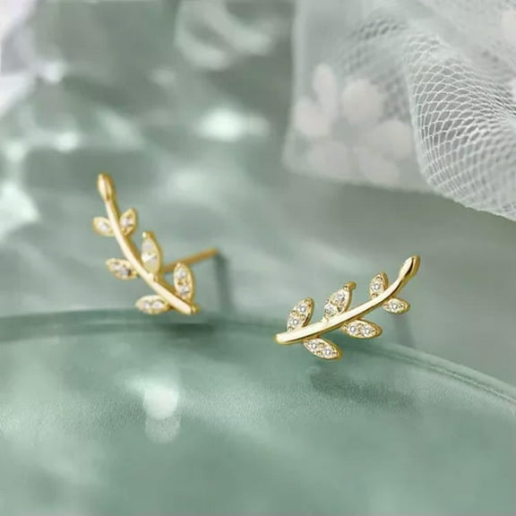 K-KED Cute Leaves Shaped Stud Earrings 925 Silver,Gold Plated Cubic Zirconia Jewelry-Gold