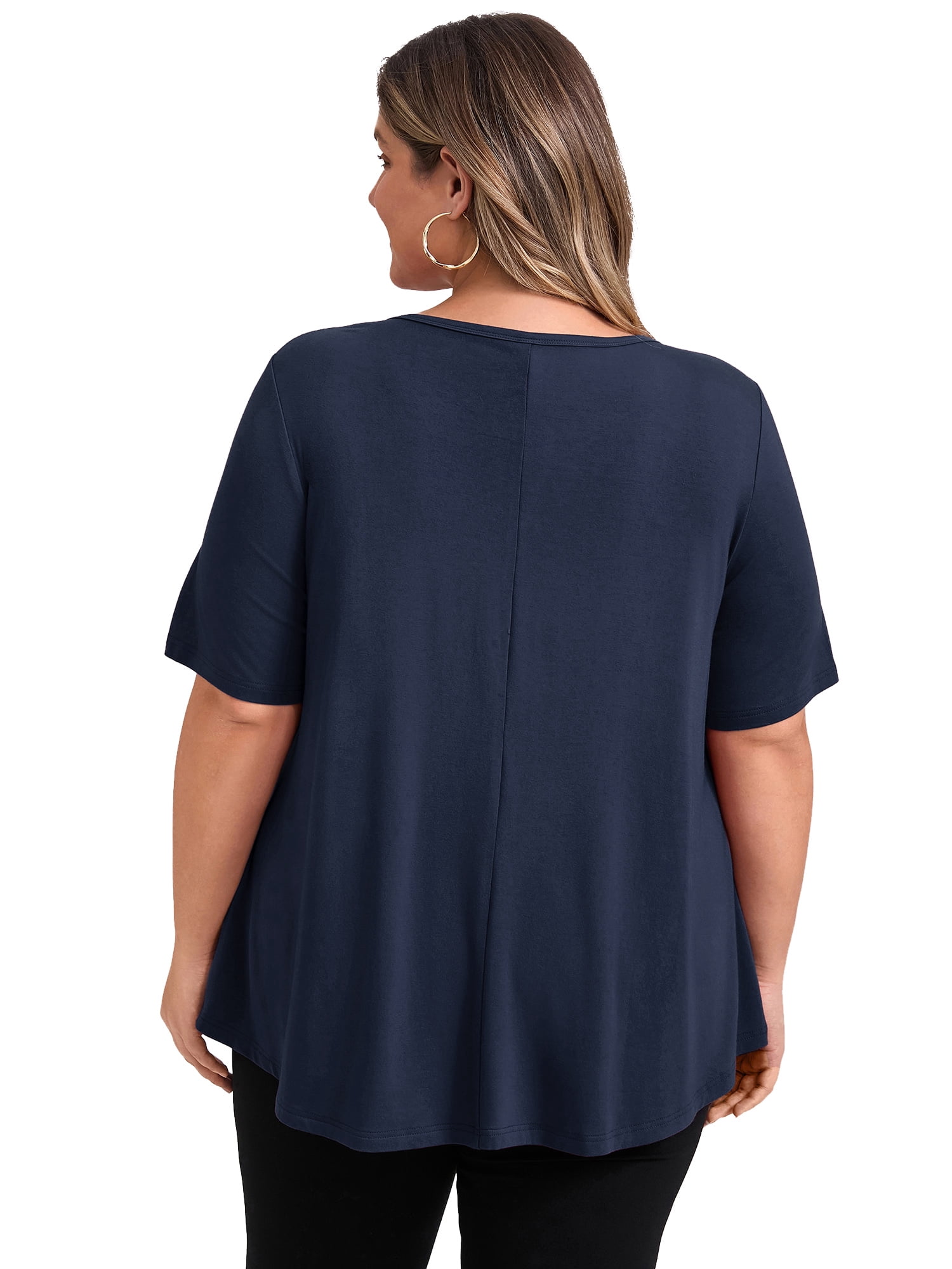 DARING DIVA Women's Plus Knit Keyhole Crew Neck Short Sleeve Blouse 4X Navy Blue