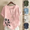 thumbnail image 3 of WREESH Womens Cotton Linen Shirts Summer Casual Round Neck Short Sleeve Printing Loose Shirt Tops White, 3 of 4