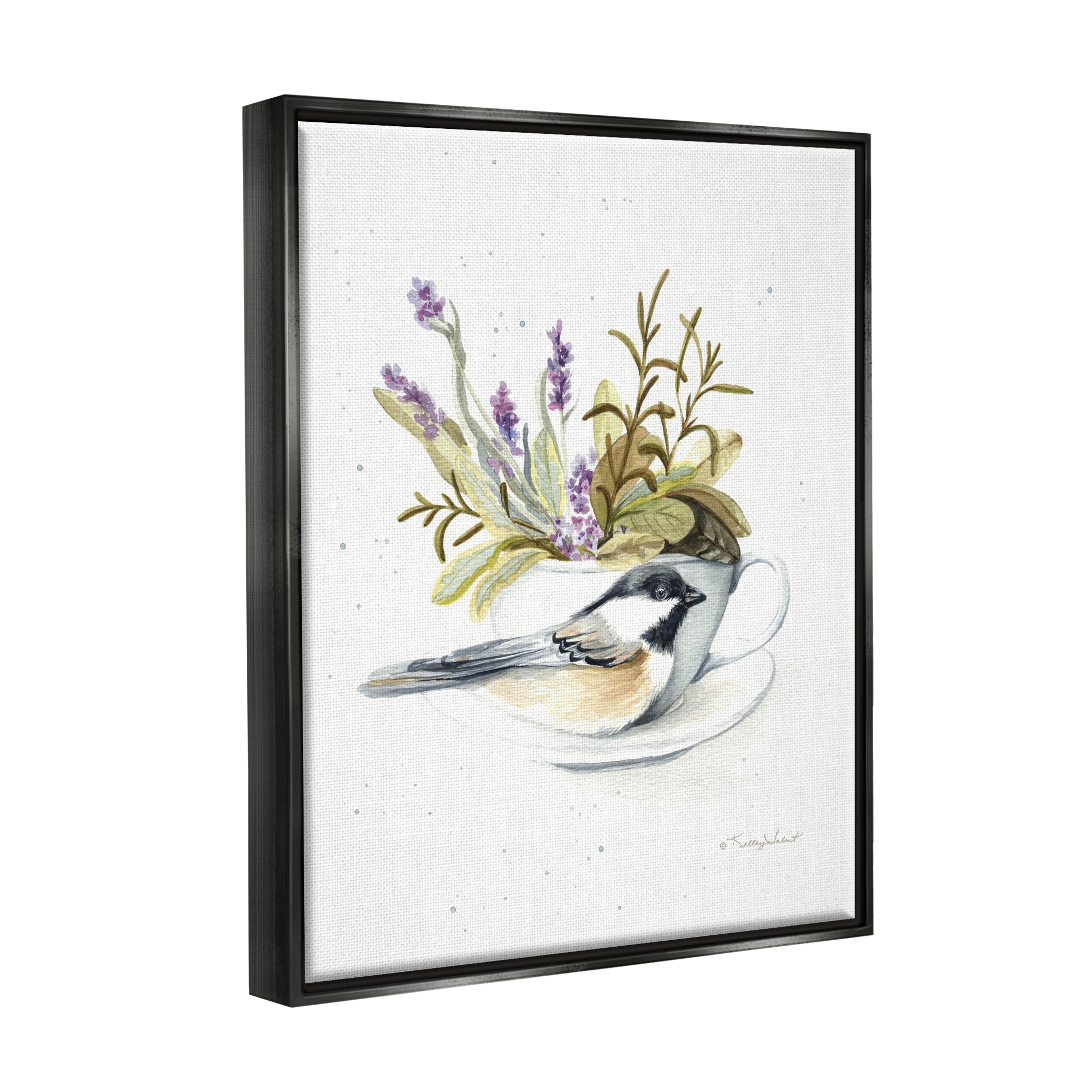 Stupell Industries Bird & Floral Teacup Animals & Insects Painting Black Floater Framed Art Print Wall Art, 25 x 31
