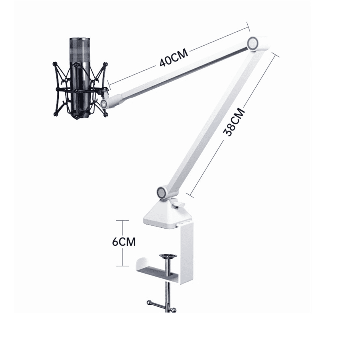 Mic Arm, 360° Rotatable Microphone Boom Arm Mic Stand, with Mic Clip , 3/8In to 5/8In Adapter Microphone Stand White