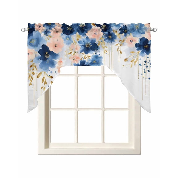 Navy Blue Spring Floral Swag Valances for Windows, Small Curtains Drapes, Farmhouse Butterfly Kitchen Window Curtains Over Sink Rod Pocket Window Treatment Valance for Bedroom/Bathroom 56"x36"
