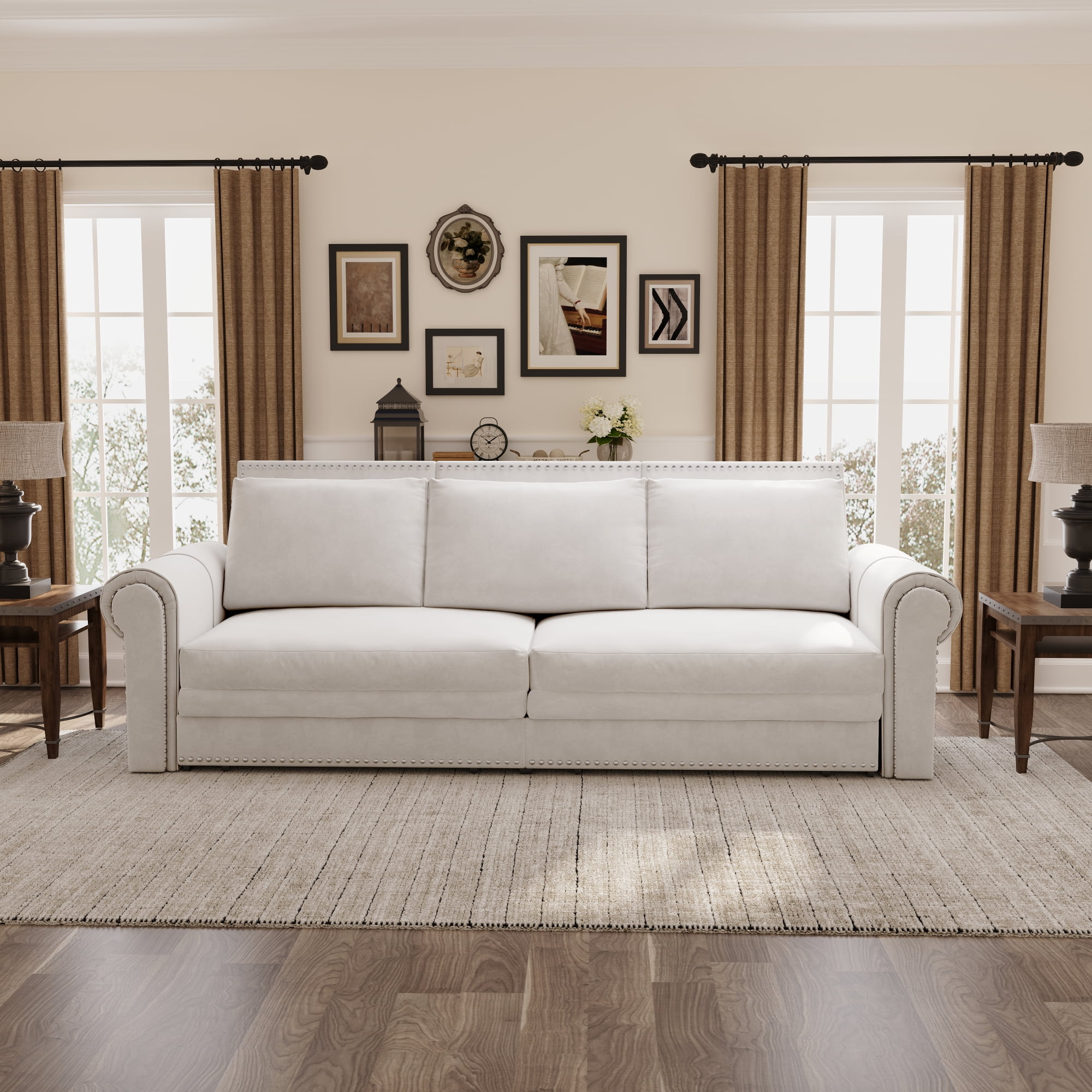 LLappuil King Size Pull Out Sofa Bed, Oversized Loveseat Sofa Convertible Sleeper Sofa Bed, Velvet Sofa Couch for Living Room Apartment Beige