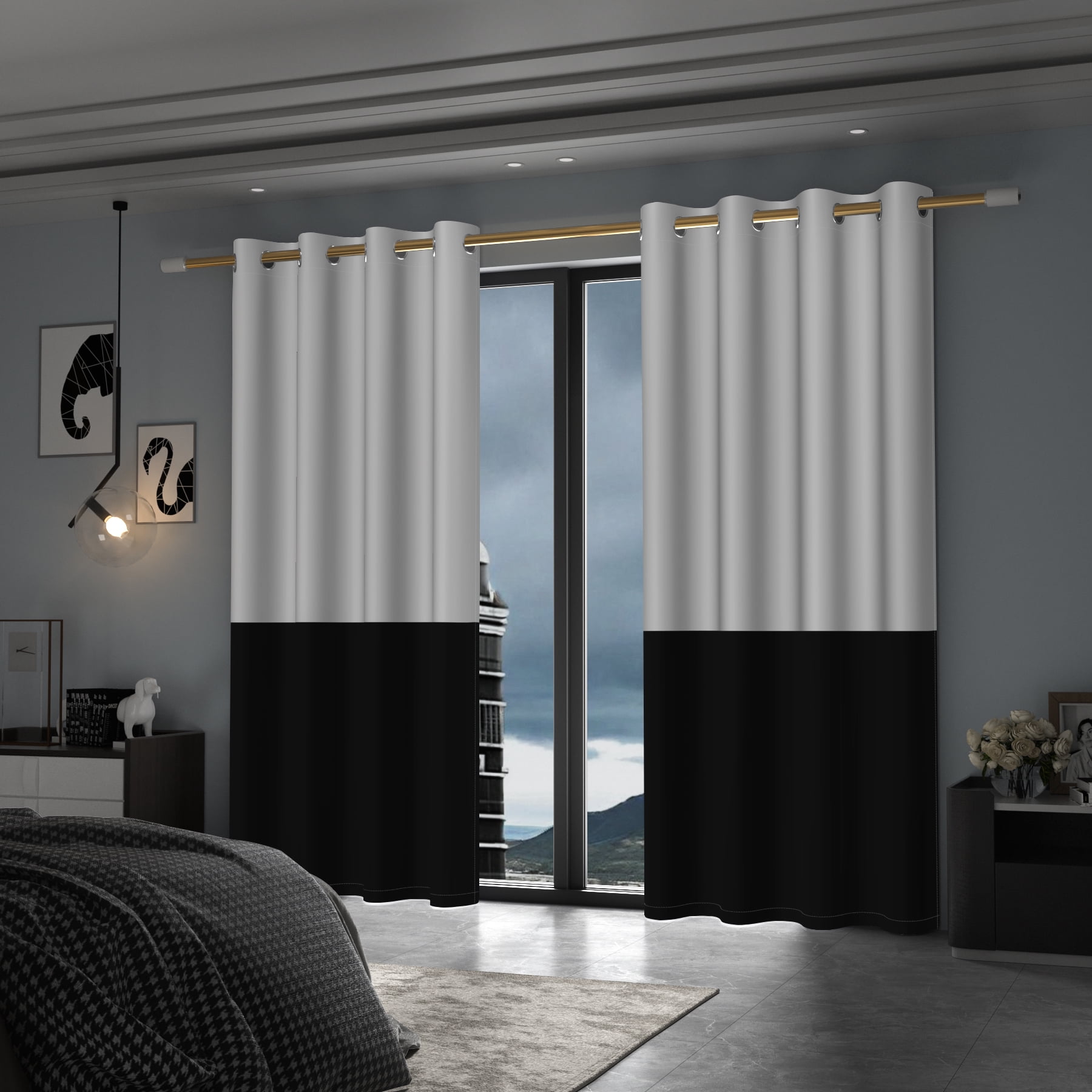 Lfeey Black and Gray Blackout Curtains, Room Darkening Curtains for Living Rooms/Bedrooms, 63 inch long, 2 Panels